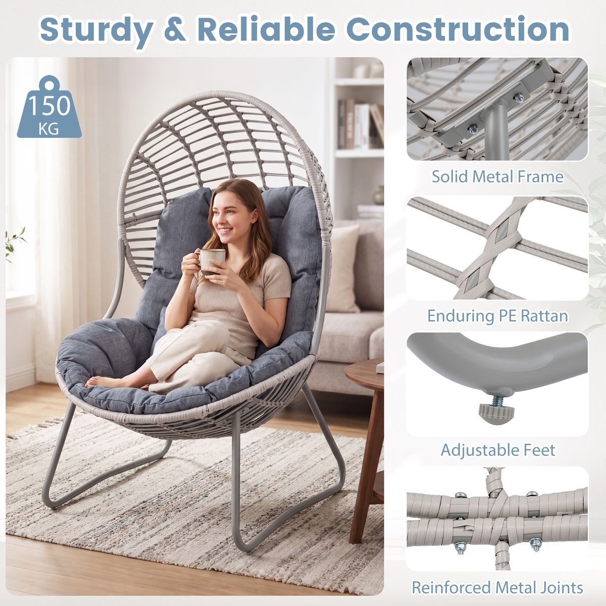Coast Rattan-Liegestuhl – eiförmiges Design – abnehmbare Kissen – grau