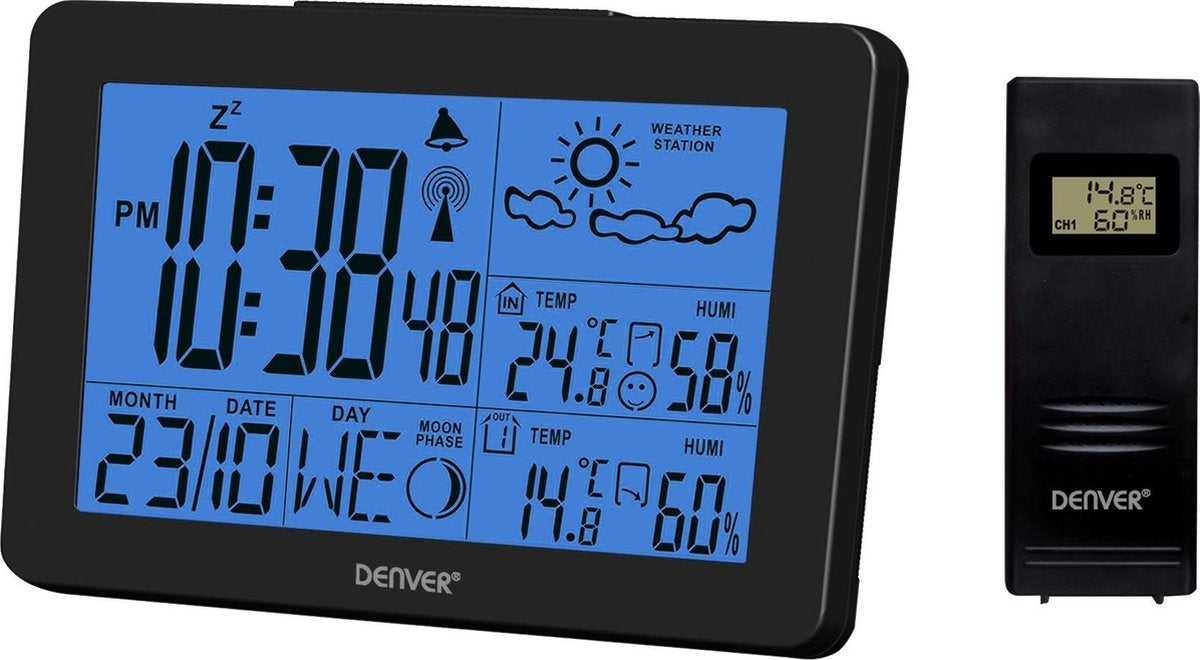 Denver WS-530 Schwarz - Wetterstation mit Alarmfunktion - Innen- und Außenbereich - Luftfeuchtigkeitsmesser - Indikator für offene Fenster - Schwarz