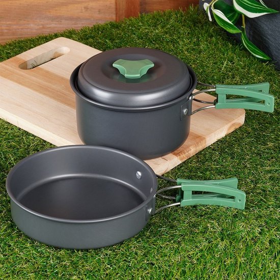 Redcliffs Outdoor Camping-Kochgeschirrset – 2-teilig – Aluminium/Edelstahl – schwarz/grün – Camping