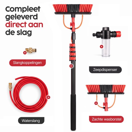 Infinity Goods Teleskop-Fensterreinigungsbürste 7,5 m – Fensterwischer – Fensterwischer – Seifenspender – Wasserdurchlauf – Schwarz/Rot