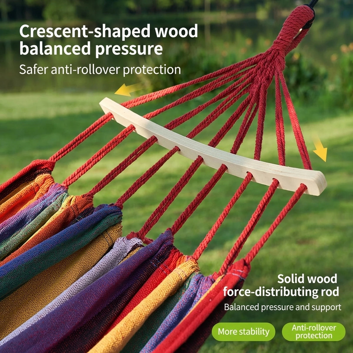 ochama x J.ZAO Doppelte Camping-Hängematte 200 × 150 cm – Rainbow – 150 kg Tragkraft – Holzspreizstangen – inklusive 2 Gurten