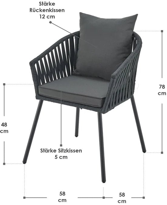Juskys Stühle mit Seilgeflecht - 2er Set - Inkl. Sitz- und Rückenkissen - Dunkelgrau
