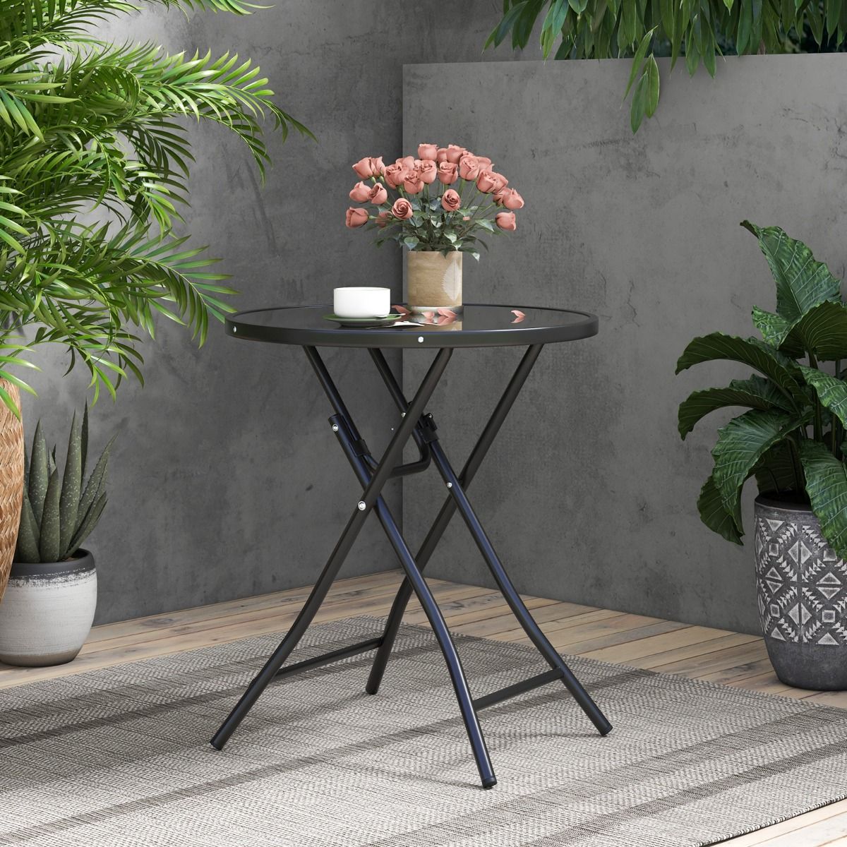 Coast Runder Bistrotisch - Faltbar - 59x67 cm - Terrassen- Mit gehärtetem Glas und Metallgestell - Schwarz