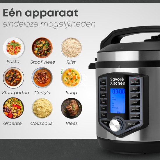 Savoré Kitchen Schnellkochtopf - 6L - PFAS frei - Reiskocher, Slow Cooker, Dampfgarer & Sous-Vide - Multikocher