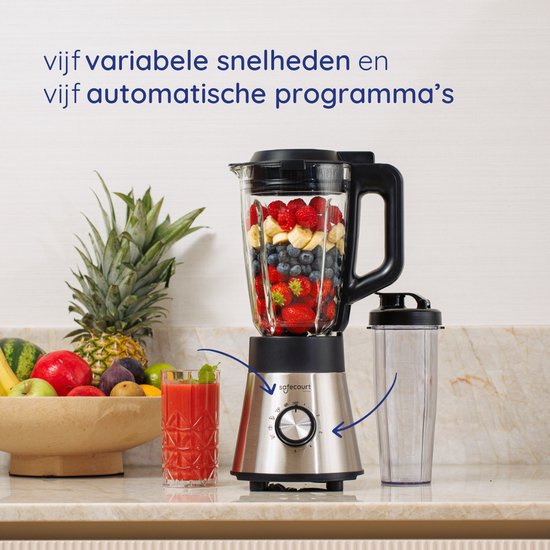 Safecourt Kitchen Power Mixer - 5 automatische Programme - Smoothie Maker - +2 Becher zum Mitnehmen - Edelstahl