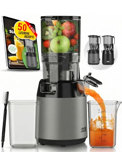 LEBENLANG Slow Juicer – 250 W – Große Einfüllöffnung (130 mm) – BPA-frei – Rezeptbuch – Edelstahl