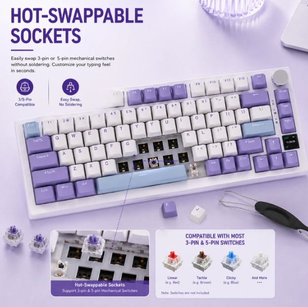 AJAZZ AK820 Pro Mechanische Tastatur – 75 % – QWERTY US – Tri-Mode – TFT-Display – RGB – Grau – Sea Salt Purple-Schalter