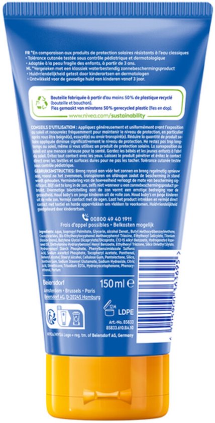 NIVEA SUN Kids Ultra Sonnencreme LSF 50 für Kinder – LSF 50+ – Sehr wasserfest – Sonnencreme für Gesicht und Körper – 150 ml