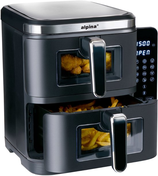 alpina Airfryer XXL - Doppel-Luftfritteuse 11L - Heißluftfritteuse 2 Körbe - Doppelt gestapelt für 8 Personen - Klappbares Display - Timerfunktion bis zu 60 Minuten - Temperatur 60-200°C - Schwarz
