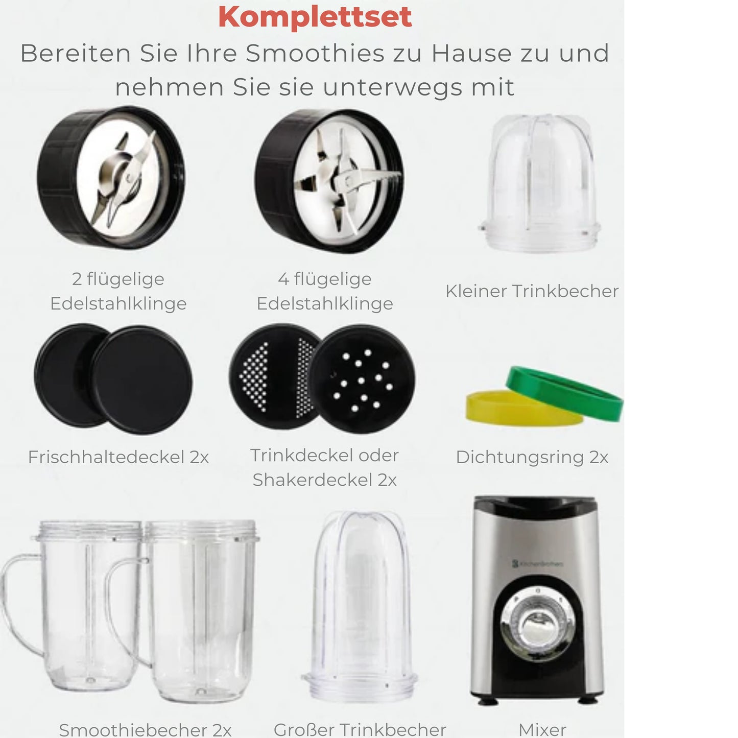 KitchenBrothers Smoothie Mixer - 13-teiliges Set - 4 Becher - To Go - 350W - Edelstahl