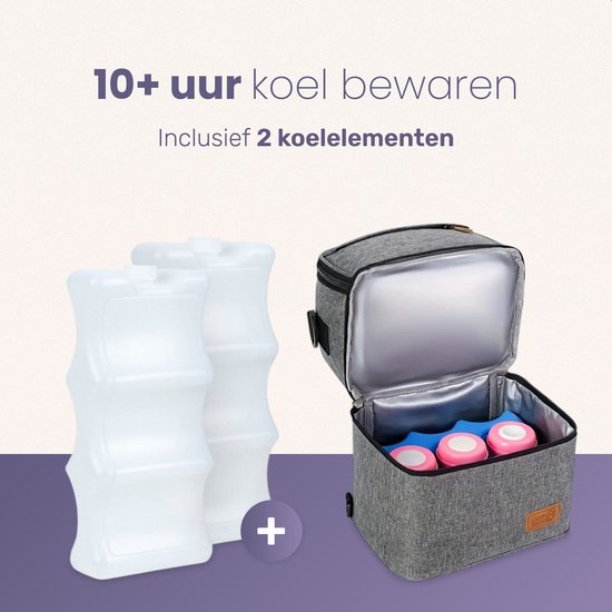 Qwali Kühltasche Muttermilch - Inkl. 2 Kühlelemente - Schulter & Rucksack - Aufbewahrungsflaschen - Stillen - Baby - Kühlrucksack - Milchpumpe - Grau