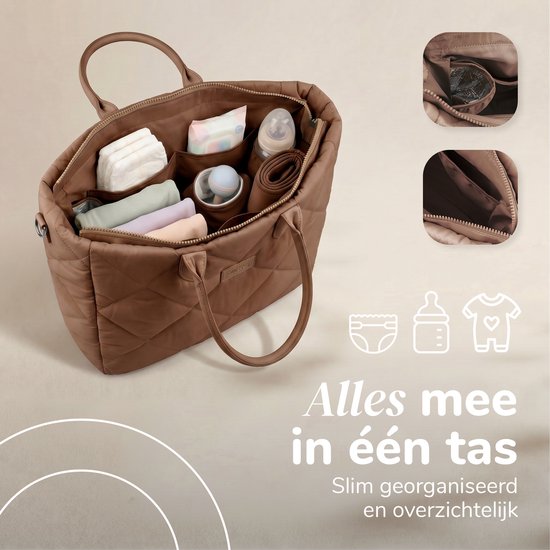 Mommsy Wickeltasche – Wickeltasche – Mom Bag – Thermofach – Gesteppter Puffer-Stoff – Mommy Bag – Besonders geräumig – Wasserabweisend – Organizer – Leicht – Braun