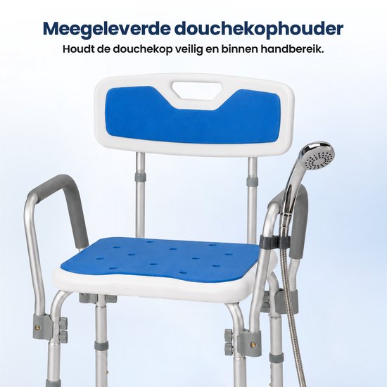 Truesafe Duschstuhl mit abnehmbarer Rücken- und Armlehne – Duschhocker – Badezimmerstuhl – rutschfest – höhenverstellbar – max. 130 kg + Duschbeutel