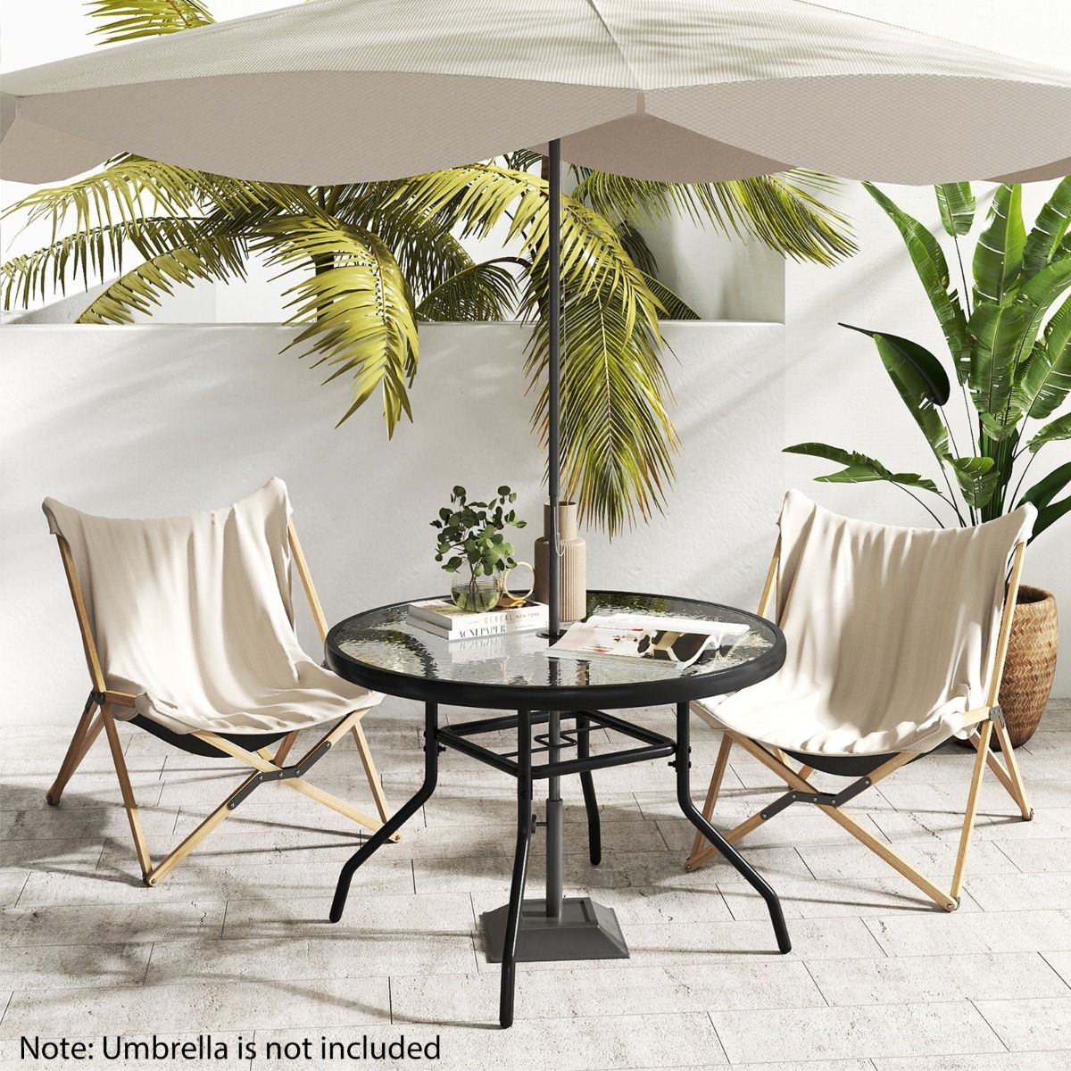 Coast Runder Beistelltisch für den Außenbereich – Tischplatte aus gehärtetem Glas – Sonnenschirmloch 4,2 cm – Schwarz 70 x 70 x 45,5 cm
