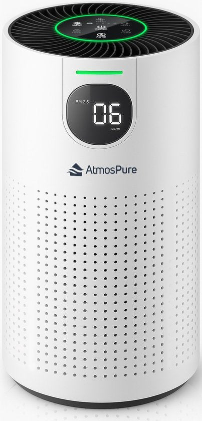 AtmosPure® CleanAir Luftreiniger - Luftreiniger mit austauschbarem HEPA 13 + Kohlefilter - CADR 250 m³/h - Weiß - Für 97 m² - Wirkt gegen Staubmilben, Heuschnupfen, Allergien, -3 Modi + stiller Schlafmodus - Luftqualitätssensor