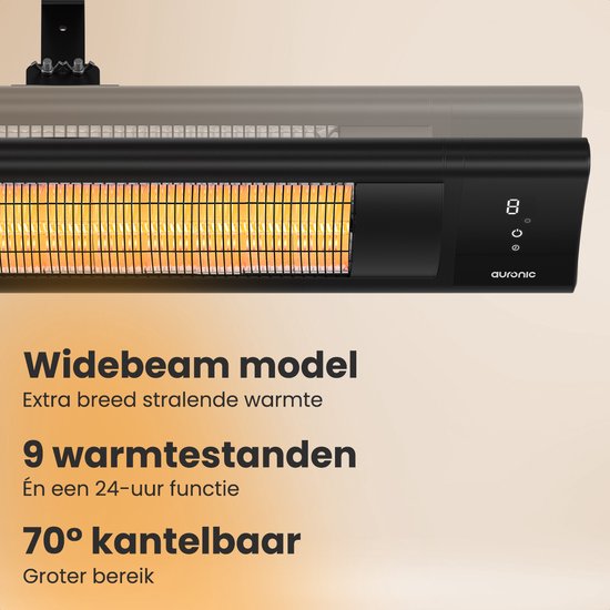Auronic Terrassenstrahler - XL - Infrarotheizung - Elektrisch - 25m2 - 3000W - Fernbedienung - 9 Stufen - Schwarz