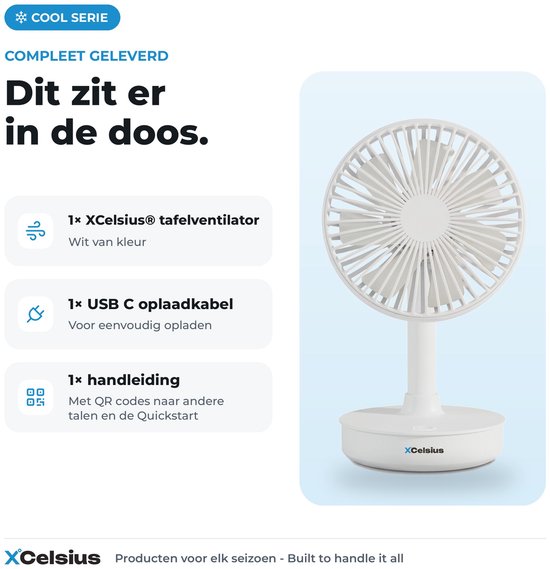 XCelsius® Kabelloser Tischventilator – Ventilator für Schreibtisch, Tisch und Arbeitsplatz – Über USB-C aufladbar – 4 Geschwindigkeitsstufen – Schwenkmodus – Neigbar – Während des Ladevorgangs nutzbar – Weiß