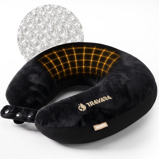 TRAVARA Nackenkissen „The Snuggo“ – Reisekissen mit Mikroperlen für Flugzeug und Auto – Travel Pillow – Schwarz