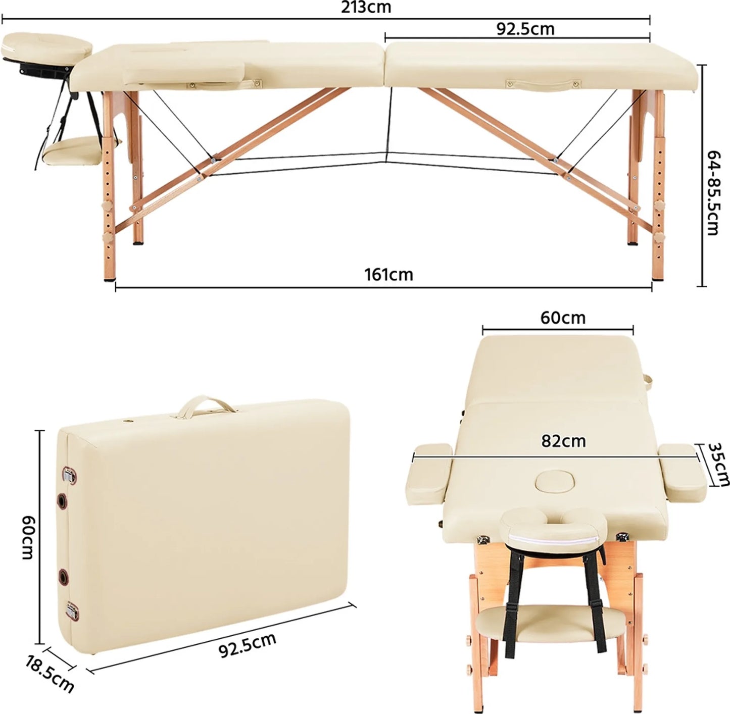 Yaheetech Klappbarer Massagetisch - 213 x 82 x 64-85,5 cm - Ausgestattet mit Buchenbeinen und verstellbarer Kopfstütze und Tragetaschenfunktion - Für Schönheitssalon und Massagestudio - Cremefarbenes Kunstleder und Holz