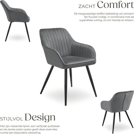 tectake® – Samtstuhl mit Steppmuster – Moderner Esszimmerstuhl – Schalensessel – Für Wohnzimmer, Esszimmer, Lounge oder als Frisiertischstuhl – Verschiedene Farben – Grau/Schwarz