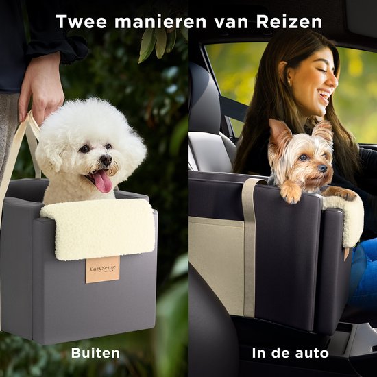 CozySense® Hundeautositz - Hundekorb Auto mit waschbarem Bezug - Für kleine Hunde - Passt in die Mittelkonsole - Auch als Tragetasche - Schwarz/Beige