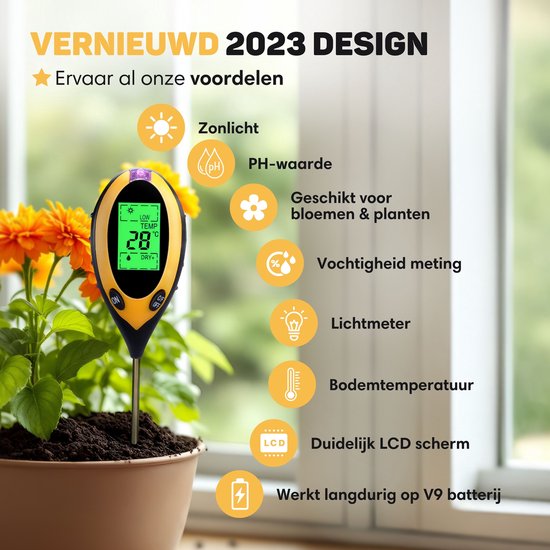Vulpes Goods® Feuchtemessgerät für Pflanzen - 4-in-1 - Feuchtemessgerät - Innen und Außen - Hygrometer für Zimmerpflanzen - - pH, Lichtmessgerät, Temperaturmessgerät und Feuchtemessgerät - Bodenfeuchtemessgerät - PRO Version - inkl. Batterie