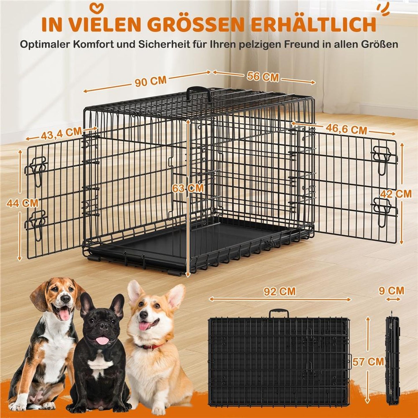 Yaheetech Faltbare Hundebox 90 x 56 x 63 cm – Schwarz – Mit Trennwand, Bodenfach und 2 Türen