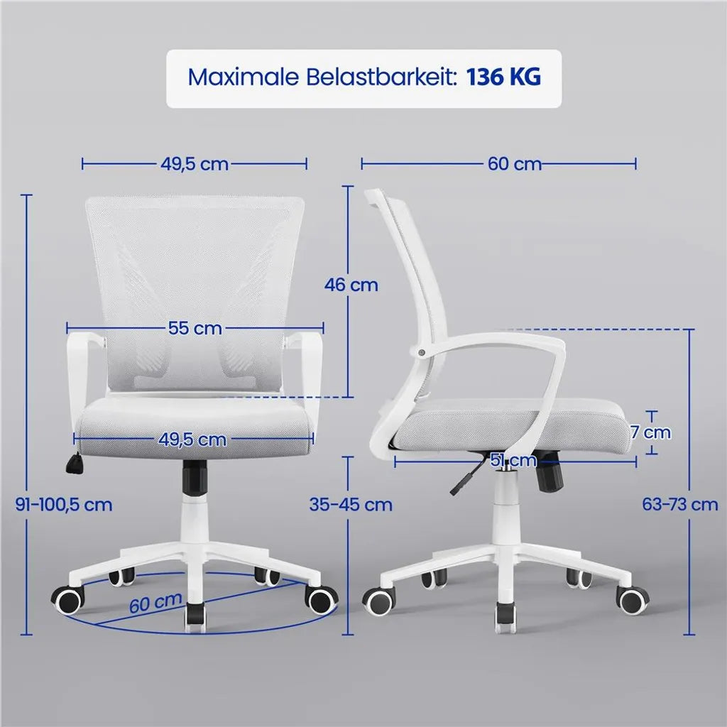 Yaheetech Ergonomischer Bürostuhl, verstellbar, Netzbezug, hellgrau