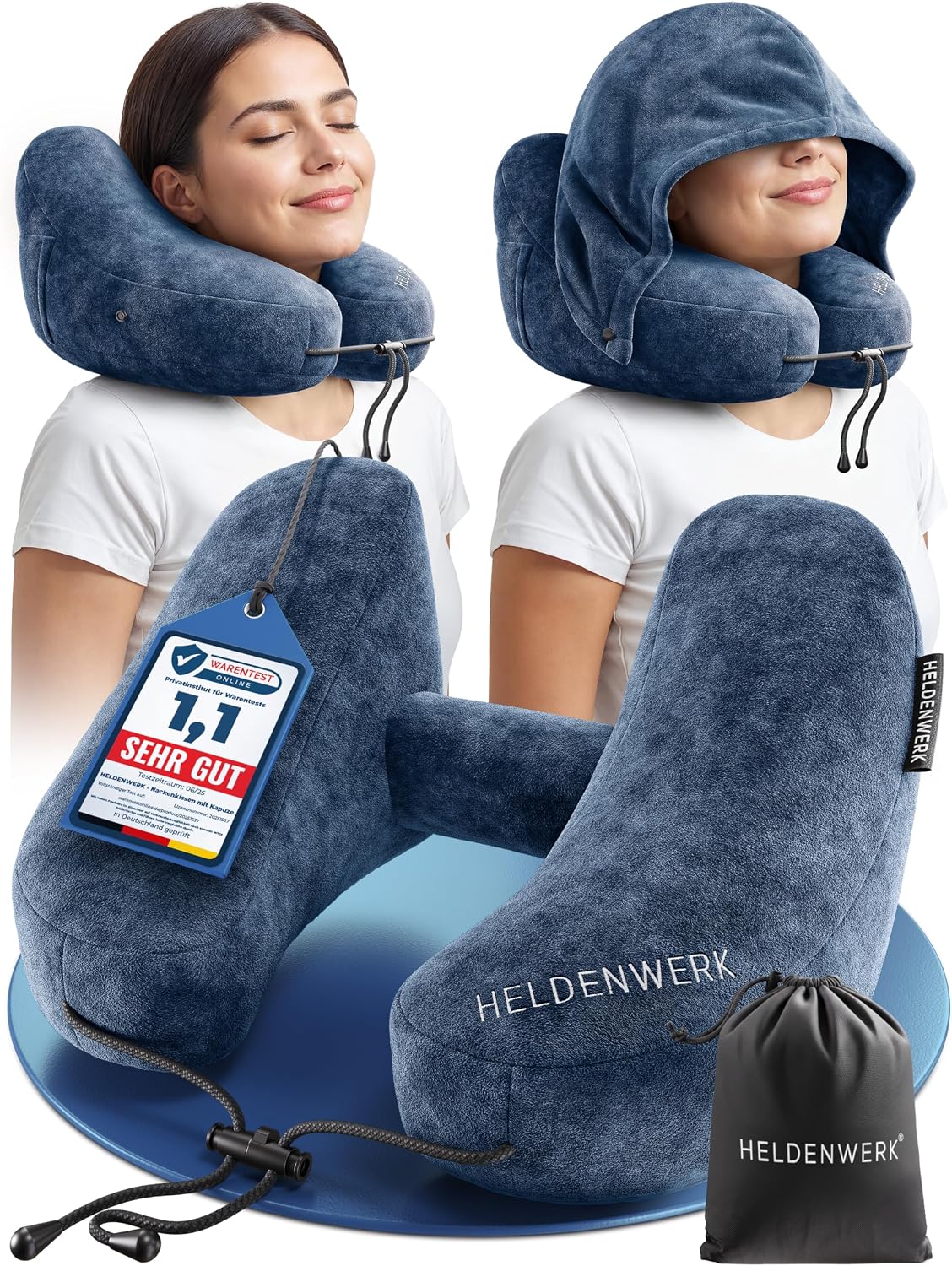 Heldenwerk Premium Air Aufblasbares Nackenkissen – Dunkelblau – Inklusive Kapuze und Ohrstöpseln