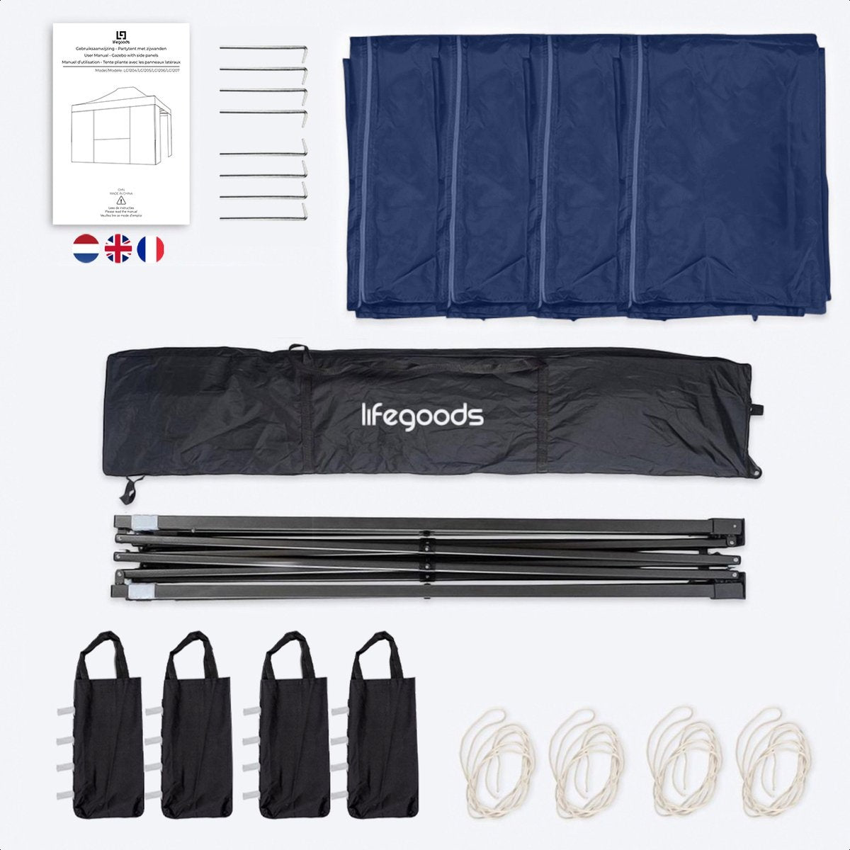 LifeGoods Partyzelt - Pavillon - 3x4,5 m - leicht aufbaubar - faltbar - wasserdicht - Tragetasche mit Rädern - dunkelblau