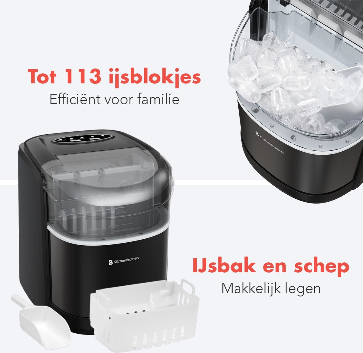 KitchenBrothers Eiswürfelbereiter - 1.6L - 8 min. - 12kg/24h - Selbstreinigungsfunktion - Eiswürfelbereiter mit Eisportionierer - Schwarz