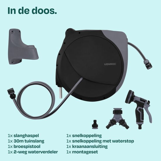 VONROC Automatische Schlauchtrommel – Wandschlauchbox – inkl. 30 m Premium-Gartenschlauch, Spritzpistole mit 8 Sprühstufen und Anschlüssen – schwarz/grau