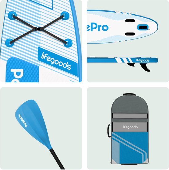 LifeGoods PaddlePro SUP Board Pro - Pro Set - Aufblasbares Paddle Board - Max. 150KG - 320x81cm - Himmelblau