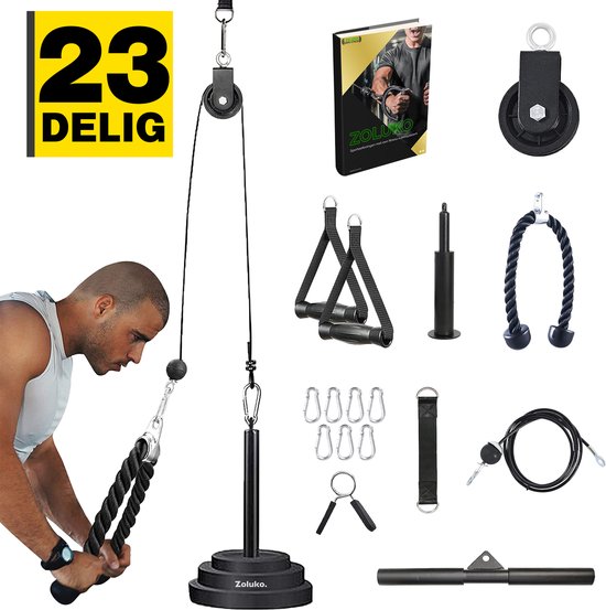 Zoluko Home Fitness Cable System 23-teiliges Set - Inkl. E-Book - Kraftstation für den Heimsport - Inkl. Trizepsseil, Bizepsstange und Griffe - 100kg Tragkraft - Einfache Befestigung - Krafttraining - Lat Pulley - Home Gym - Schwarz/Silber