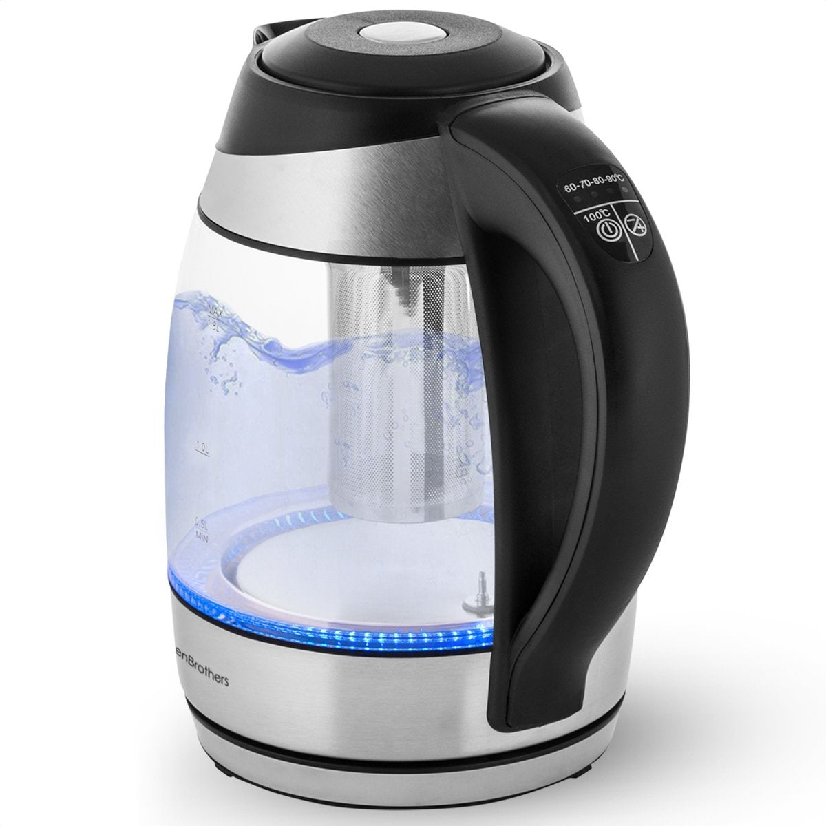 KitchenBrothers Elektrischer Wasserkocher - 1,8L - Temperaturregelung - Warmhaltefunktion - mit Teefilter - 2200W - 1,8L - Glas - Edelstahl