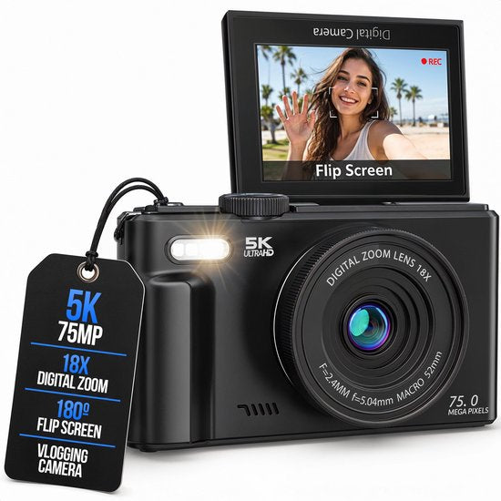 Strex Digitalkamera 5K 75 MP – Fotokamera – Kompaktkamera mit WLAN – Vlog-Kamera – Fotokamera für Kinder – 18-facher Zoom – schwenkbares Display – Schwarz