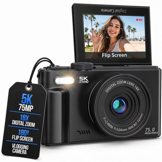 Strex Digitalkamera 5K 75 MP – Fotokamera – Kompaktkamera mit WLAN – Vlog-Kamera – Fotokamera für Kinder – 18-facher Zoom – schwenkbares Display – Schwarz