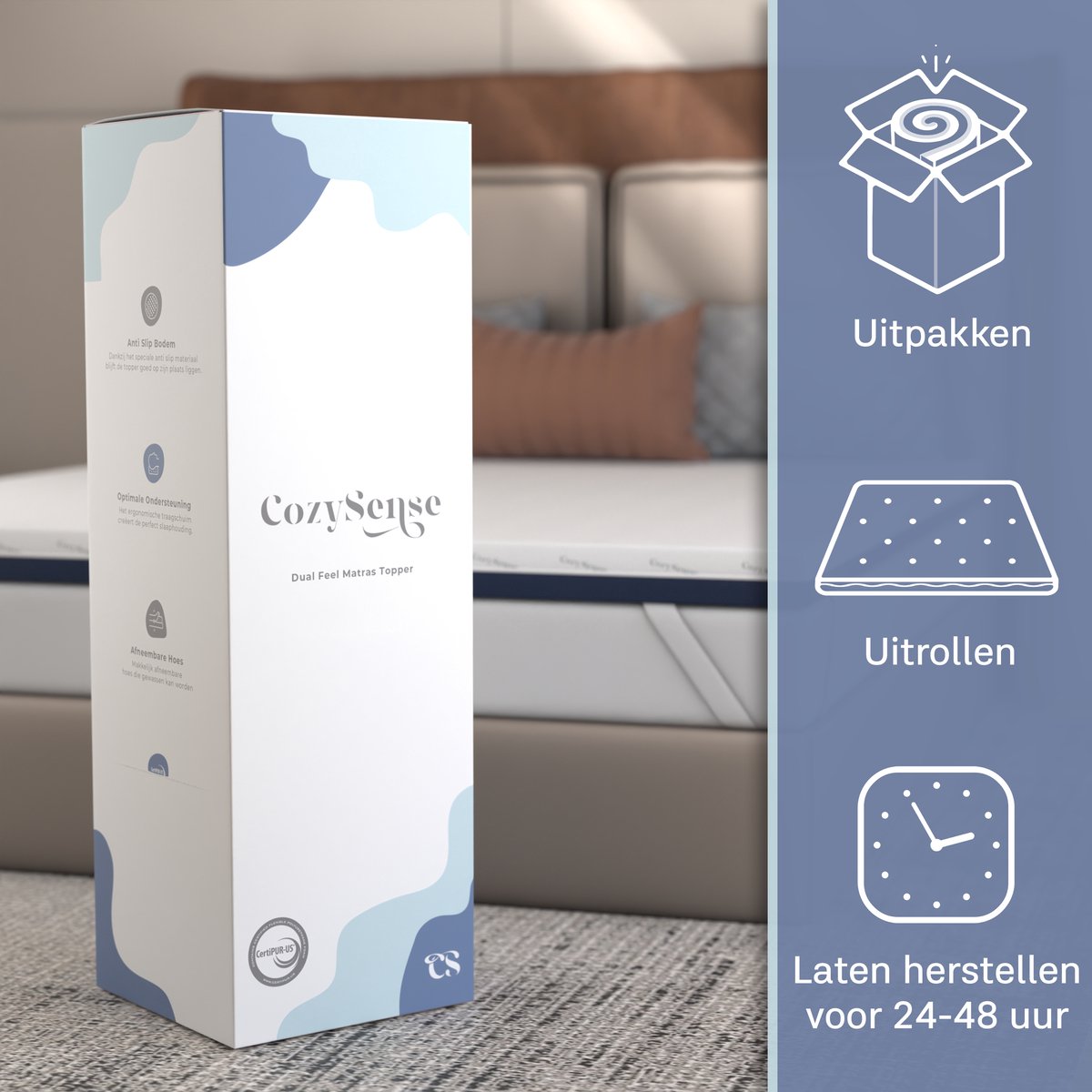 CozySense DualFeel Topper 120x200 cm - Kühle & Warme Seite - 7,5 cm - Mittlerer Komfort - Weiß/Blau