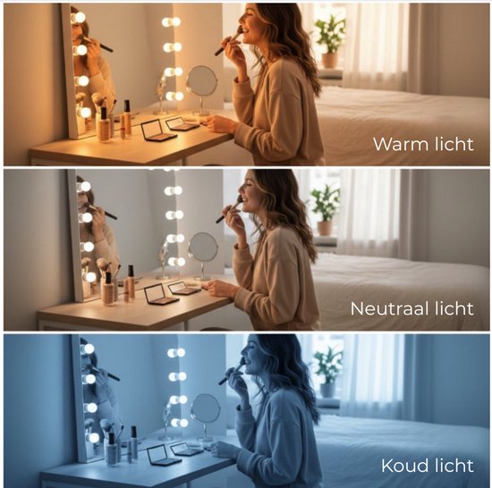 OMNIEXA Hollywood-Spiegel 58 × 46 cm – 15 LED-Lampen – 3 Lichtfarben – dimmbar – 10-fache Vergrößerung – USB-C – Make-up-Spiegel – Visagiespiegel – Vanity – Weiß