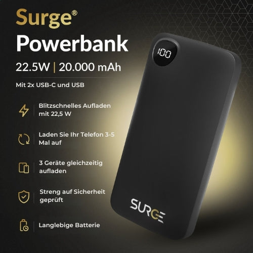 Surge Powerbank - 20.000mAh - 22,5W Schnellladegerät - 2x USB-C & 1x USB-A - 14,5 x 6,8 x 2,9 cm - Schwarz