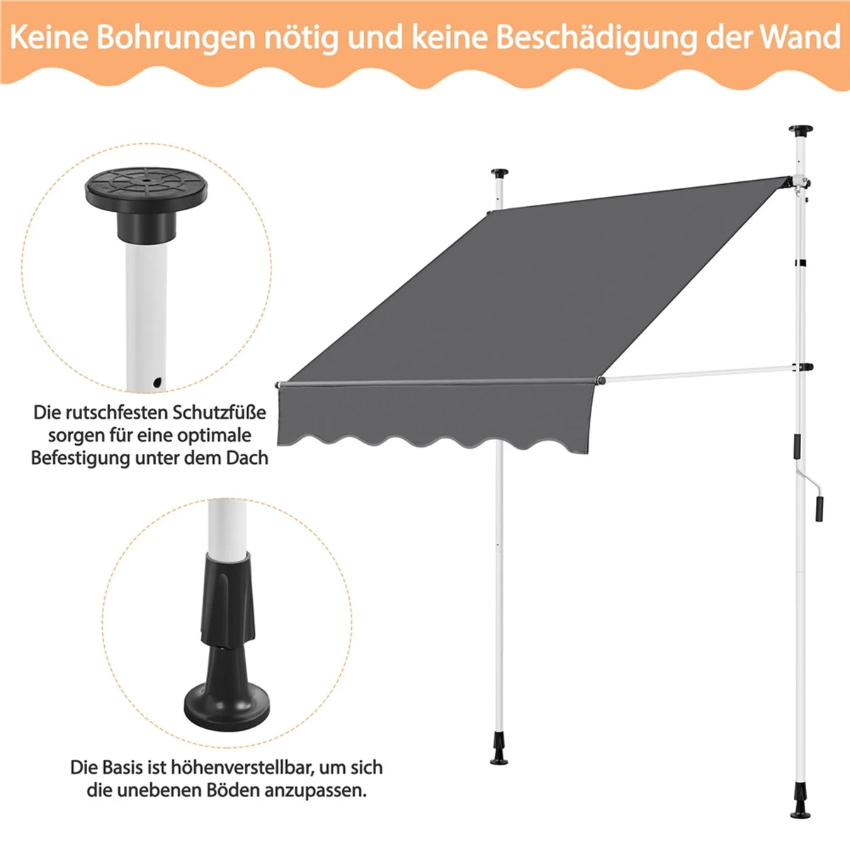 Yaheetech Klemmsonnenschirm mit Handkurbel - mit höhenverstellbaren Teleskopstangen und wasserabweisendem Tuch und Schutzfüßen - für Balkon und Terrasse - dunkelgraues Polyester und Metall - 150 x 180 x 210-300 cm
