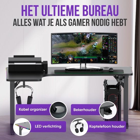 Avalo - Gaming Desk & L-Shaped Corner Desk - 160x100x75 cm - Mit RGB-LED-Beleuchtung - Becherhalter & Headset-Haken - Edelstahl & ABS - Schwarz