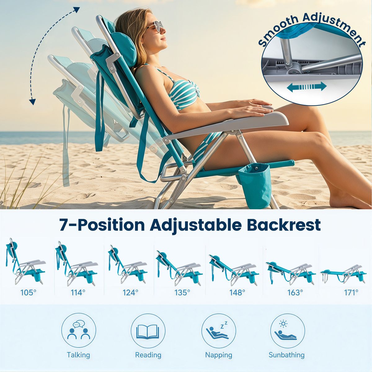 Coast Strandstuhl, 2-teiliges Set – zusammenklappbar mit verstellbarer Rückenlehne und Kopfstütze – türkis