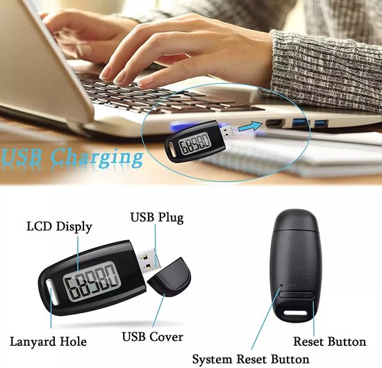 Garpex® Schrittzähler mit Clip und Trageschnur - USB-Ladung - Activity Tracker - Schrittzähler - Großes Display - Tasche - Schwarz