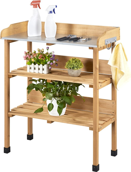 Gartentisch für den Außenbereich mit verzinkter Arbeitsplatte, 3 Regalböden und 3 Haken, in Holzoptik