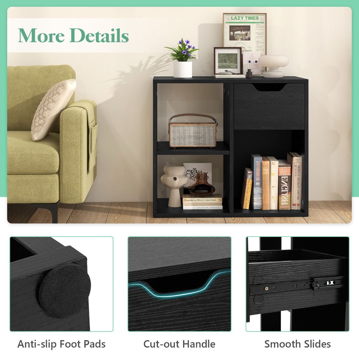 Coast Bücherregal aus Holz mit Schublade – 3 offene Fächer – schwarz – 60 x 30 x 53 cm