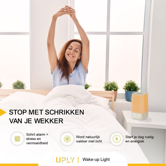 UPLY Wake up light - Mit USB-Ladestation - Mit 30 Tönen - Wecker mit Licht - Weißes Rauschen - Digitaler Wecker