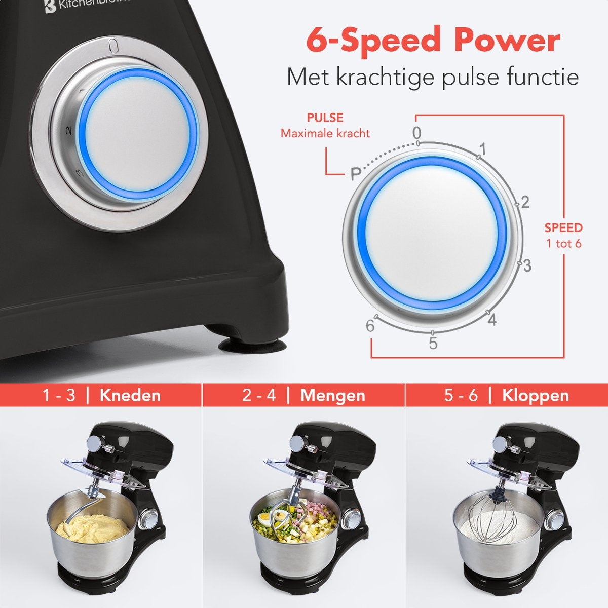 KitchenBrothers Küchenmaschine - Küchenmixer mit 6-Liter-Edelstahl-Mixtopf - 1800W - Schwarz