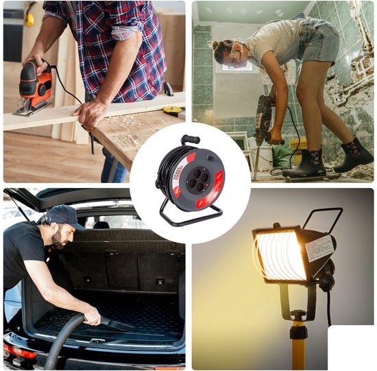 Perel Kabeltrommel, Innenbereich, 4 Steckdosen mit Schutzleiter, thermischer Schutz, Kabellänge 50 m, 3G1,5, grau