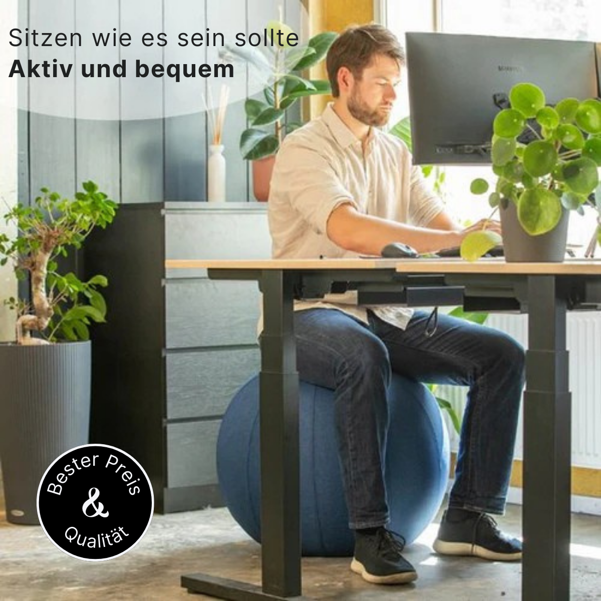 Backerz® - Sitzball Büro und Zuhause 65 CM - Luxus-Yoga-Ball - Sitzball mit Hülse - Ergonomischer Bürostuhl-Ball - Leinen Dunkelgrau